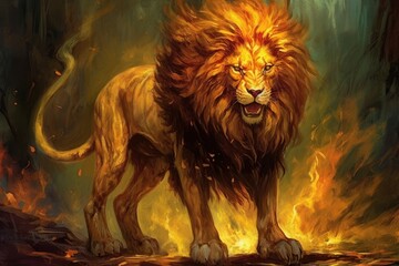 Canvas Print - Majestic lion stood tall and proud, its golden mane shimmering in the sunlight. Oil color painting necronomicon illustrations. Generative AI