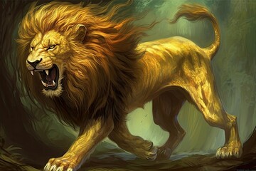 Wall Mural - Majestic lion stood tall and proud, its golden mane shimmering in the sunlight. Oil color painting necronomicon illustrations. Generative AI