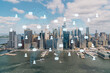 Aerial panoramic helicopter city view on Lower Manhattan district and financial Downtown, New York, USA. Social media hologram. Concept of networking and establishing new people connections