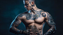 Young Man Model With Tech Tattoos On His Body. Fictitious Person Made By Generative AI.