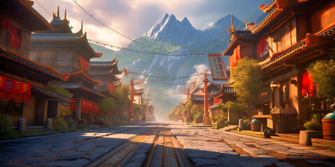 a street scene in an anime fantasy with a mountain in the background,