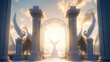 Decorated heavens gate with angel wings and statues in shining sunlight. Postproducted generative AI illustration.