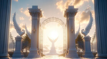 Decorated Heavens Gate With Angel Wings And Statues In Shining Sunlight. Postproducted Generative AI Illustration.