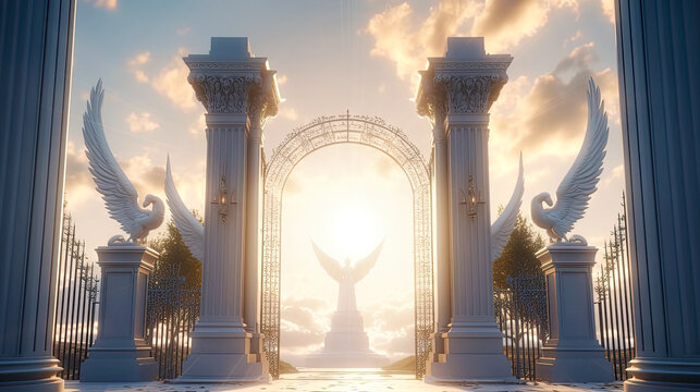 Decorated heavens gate with angel wings and statues in shining sunlight. Postproducted generative AI illustration.