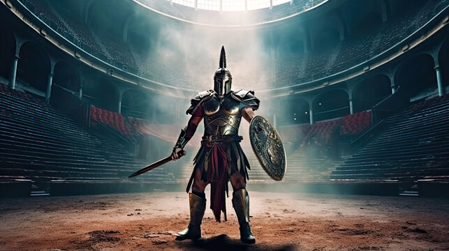 Wall Mural -  - Mysterious gladiator with sword and shield stands in battle arena. Postproducted generative AI illustration.