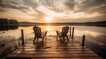 Two Wooden Chairs On A Wood Pier Overlooking A Lake At Sunset, Generative Ai