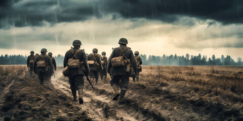 soldiers walking across the field behind the cloudy sky