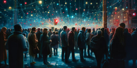 people crowd near the network of dots by dark blue light