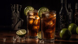 Fototapeta Uliczki - Cuba Libre or long island iced tea cocktail with strong drinks, cola, lime and ice in glass, cold longdrink, Generative Ai