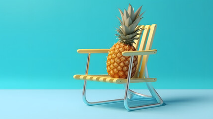 Poster - Summer beach concept, chair with ring floating and pineapple on blue background