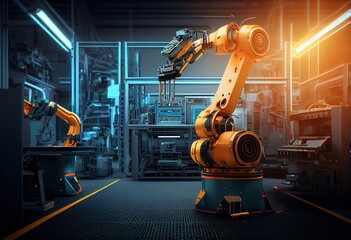 Generative AI illustration of smart factory, robotic arm, industry 5.0, car assembly line, car manufacturer, 3D Robot automated team working, future process futuristic industry engineering background