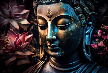 Wall Mural - Generative AI illustration of abstract lifelike buddha, flowers, magic lighting, beautiful metallic and stone colors, detailed, natural lighting, natural environment.