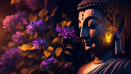 Generative AI illustration of abstract lifelike buddha, flowers, magic lighting, beautiful metallic and stone colors, detailed, natural lighting, natural environment.