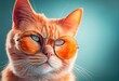 Generative AI illustration of closeup portrait of funny cat wearing sunglasses isolated on pastel background. surreal fantasy, copyspace