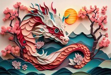 Generative AI Illustration Of Paper Cut Craft, Quilling Multi Dimensional Chinese Style, Zodiac Dragon With Lanterns And Cherry Blossoms In Background, Chinese New Year.