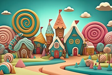 Generative AI illustration of a sweet and magical world with candy land landscape and gingerbread fantasy house