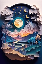 Generative AI Illustration Of Chinese Nature And Landscape On Solid Background, Auspicious Clouds, Ravine Stream, Mountain Range, Many Houses And Ancient Buildings, Multi Dimensional Paper Quilling