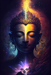 Wall Mural - Generative AI illustration of buddha, aura of energy, surreal fantasy, light flashing, beautiful light spectrum, bright white lotus flower, burning cloud-like petals, seawater.