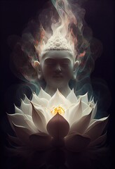 Wall Mural - Generative AI illustration of buddha, aura of energy, surreal fantasy, light flashing, beautiful light spectrum, bright white lotus flower, burning cloud-like petals, seawater.