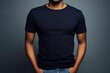 Black man model wearing a plain navy blue short sleeved t-shirt, isolated on a blank background. Mock-up, torso only. Generative AI illustration.