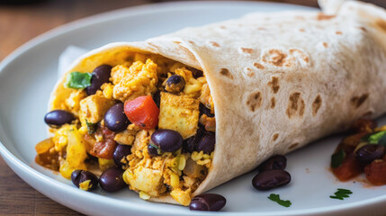 a vegan breakfast burrito with tofu scramble, black beans, and salsa - generative ai