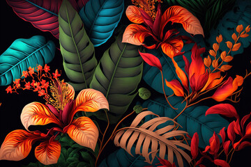 Wall Mural - Colorful tropical flowers wallpaper. AI	