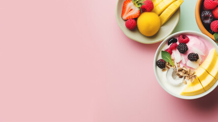 table with bowls of fruit and yogurt. Generative Ai