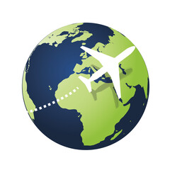 Poster - Traveling Around the World - Travel by Airplane - Modern Style Earth Globe Design with Airplane Flying Around the World Concept 