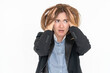 © Vitaliy - Close up portrait of hysterical business woman isolated on white background