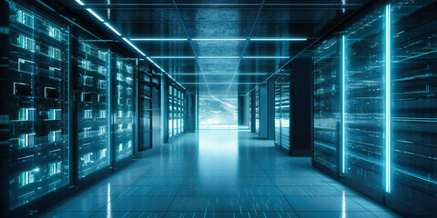 Wall Mural - a data center interior with a bright hallway and blue dots