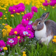 A Cute Bunny Peeking Out Of A Patch Of Colorful Wildflowers.

Generative AI