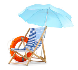 Deck chair, blue beach umbrella and ring buoy isolated on white background