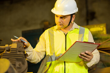 Indian man engineer wearing safety hard hat and vest holding paper and pad working in industrial factory inspecting machine. Closeup