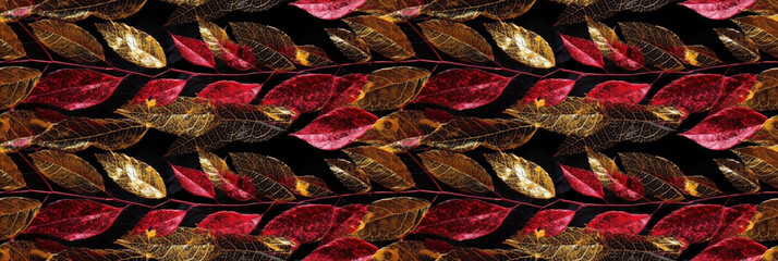 Wall Mural - Macro texture of beautiful leaves in golden and red tones. AI generative illustration.