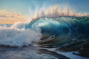 Wall Mural - A watercolored pencil illustration mixed with luministic oil painting, A large wave crashing on the beach