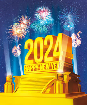 Golden Happy New Year 2024 (3d rendering) on a platform against starry night and fireworks celebration