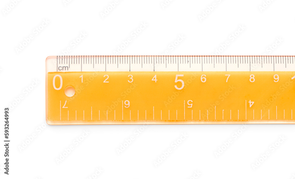 Orange plastic ruler on white background