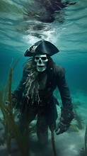 An Eery Illustration Of A Ghost Pirate Skeleton Under The Sea. A.I. Generated.
