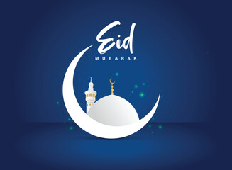 Wall Mural - Eid Al Fitr Celebration of Muslim holiday Background. Creative Moon with Mosque and text for Muslim Community Festival, Ramadan Kareem celebration.