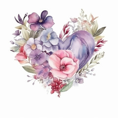 Canvas Print - Watercolor heart with flowers. Illustration AI Generative.