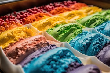 Wall Mural - Sunday Sundae of Colorful Fun - Kids Enjoying an Ice Cream Rainbow with Sprinkles and Candy for a Sweet Dessert. Generative AI