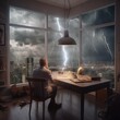 Man sitting in office with bad weather outside. Made with Generative AI.