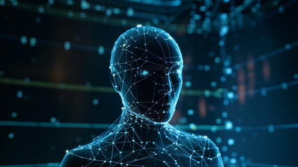 Artificial intelligence closeup face digital technology background