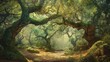 A Pristine and Enchanting Fairytale Forest: Majestic Ancient Oak Trees and a Secluded Grove Full of Mystical and Magical Energy - A Beautiful Fantasy Watercolor Stylized Backdrop. Generative AI