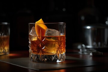 Relive a Classic: An Old-Fashioned Cocktail of Bourbon, Whiskey, Liqueur, and Orange Refreshment. Generative AI