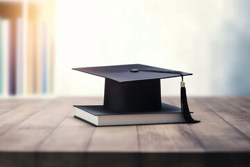 Wall Mural - Blurred Background with Education and Graduation Concept. Library, Table, Graduation Hat, and Diploma