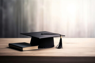 Wall Mural - Blurred Background with Education and Graduation Concept. Library, Table, Graduation Hat, and Diploma