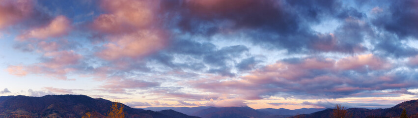 Wall Mural - panorama of heavens at dawn. clouds in red and orange colors of a rising sun on a blue sky