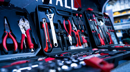 Wall Mural - Set of hand various work tools at the showroom of a large store.