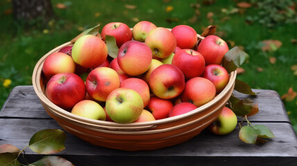 Wall Mural - Basket full of ripe apples after harvesting in autumn. Generative AI.